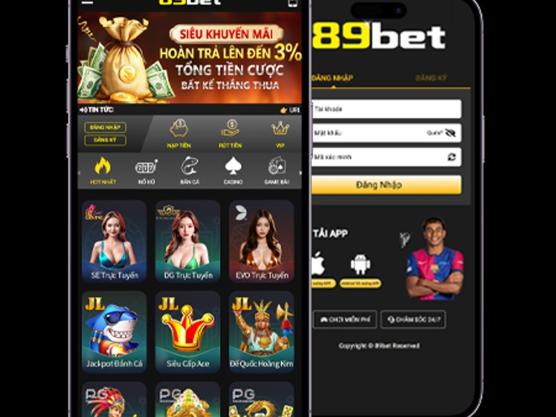 Giao diện ứng dụng di động 89bet hiển thị các trò chơi sòng bạc